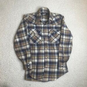 70s men's Levi's brown blue plaid pearl snap long sleeve western shirt S